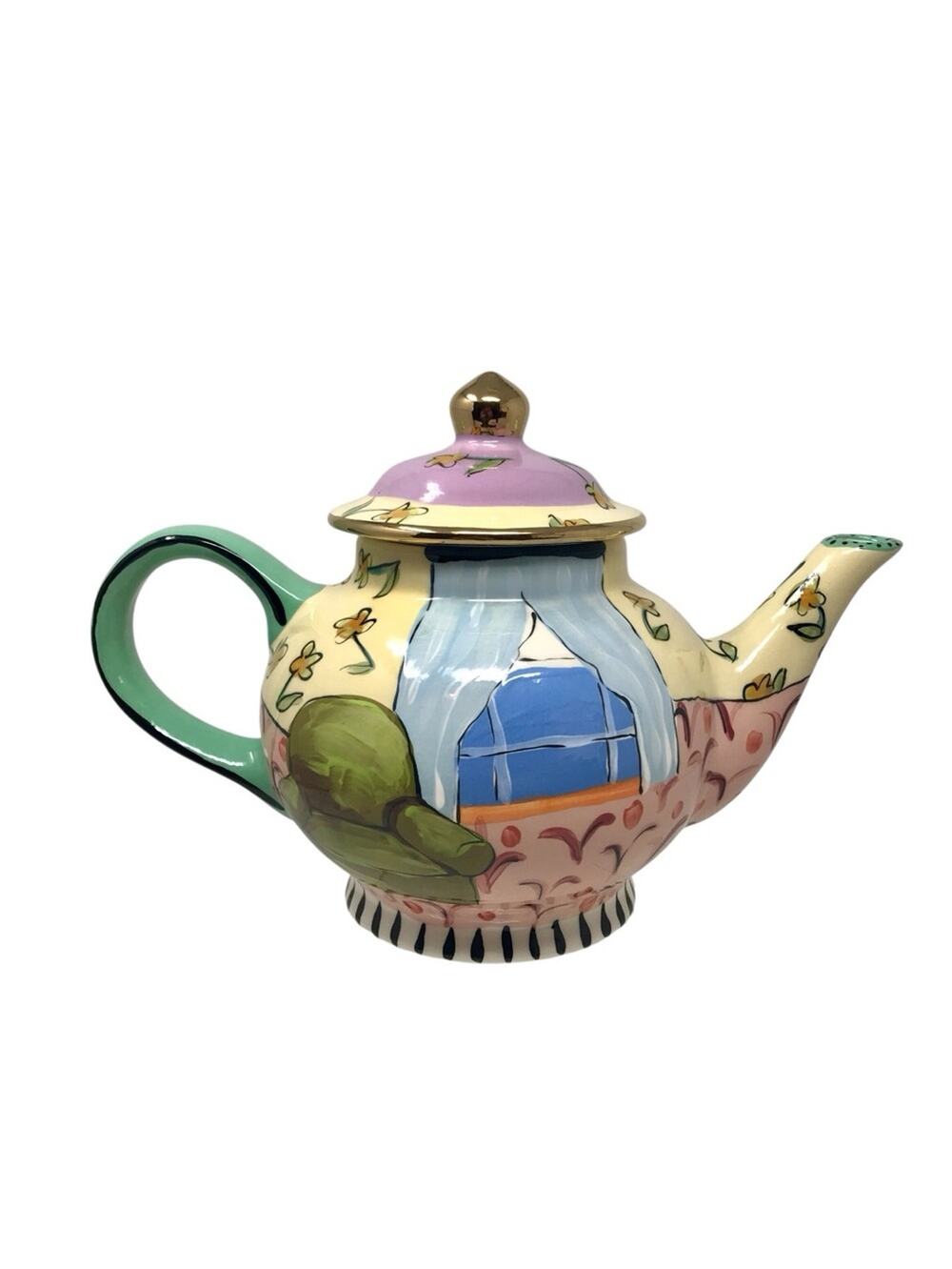 Large Hand-Painted Colorful Ceramic Teapot Floral Pink & Gold Droll Designs